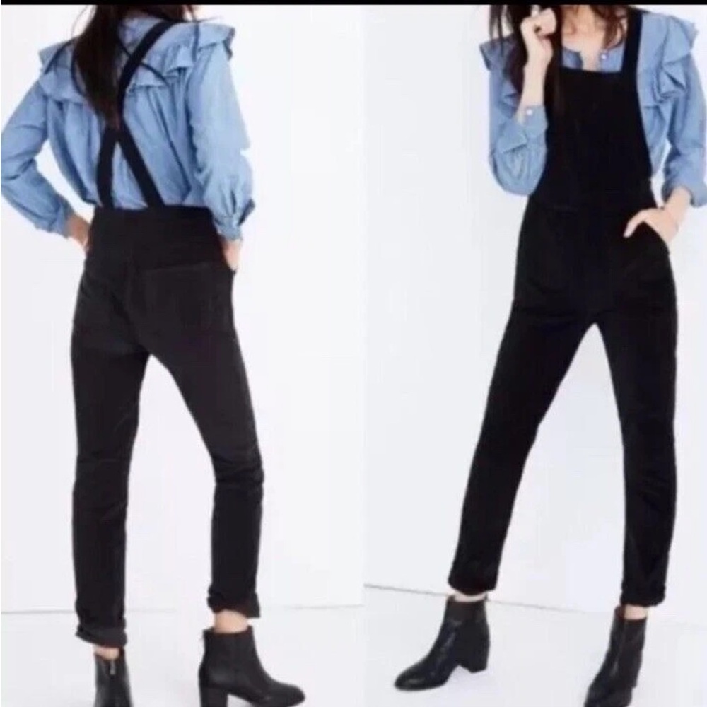 Madewell Black Velvet Skinny Stretchy Overalls w/ Side Zipper and Pockets Sz S
